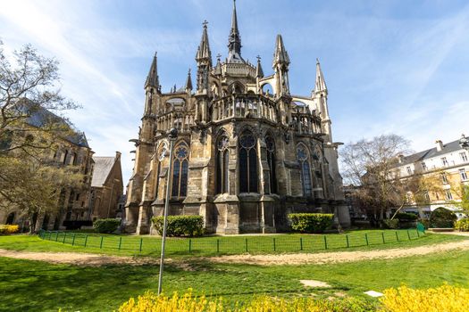 Wide angle view at cathedral Notre Dame in Reims, France