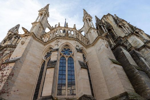 Low angle view at a part of cathedral Notre Dame in Reims, France