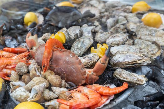 Various multicolored seafood with piebald, crab and mussels found in Paris, France