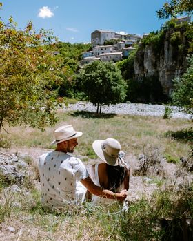 couple visit Ardeche France, view of the village of Balazuc in Ardeche. France Europe