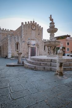 Taormina Sicily, Belvedere of Taormina and San Giuseppe church on the square Piazza IX Aprile in Taormina. Sicily, Italy.