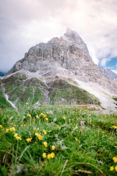 Pale di San Martino from Baita Segantini - Passo Rolle italy,Couple visit the italian Alps, View of Cimon della Pala, the best-know peak of the Pale di San Martino Group in the Dolomites, northern Italy Europe