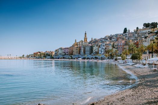 Menton France,Cote d Azur June 2020, Warm hot summer day at the beach and a View on old part of Menton, Provence-Alpes-Cote d'Azur, France Europe