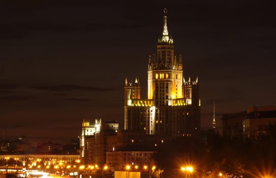 July 30, 2011, Moscow, Russia. Evening illumination at a Stalinist skyscraper on Kotelnicheskaya embankment in Moscow.