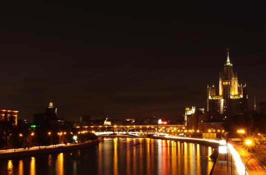 July 30, 2011, Moscow, Russia. Evening illumination at a Stalinist skyscraper on Kotelnicheskaya embankment in Moscow.
