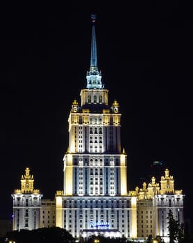 July 30, 2011, Moscow, Russia. Evening illumination of the building of the Radisson Collection Hotel (Hotel Ukraine) in Moscow.