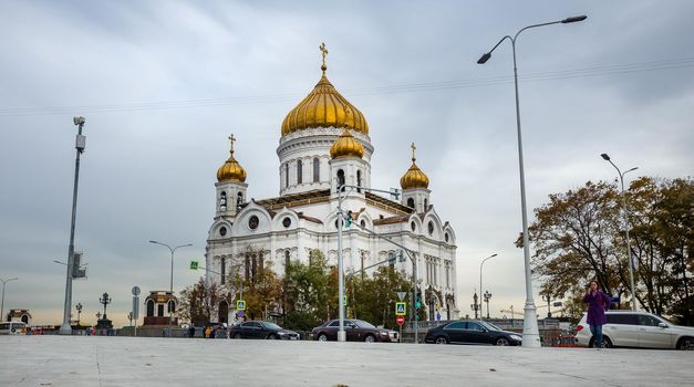 October 9, 2018, Moscow, Russia. The building of the Cathedral of Christ the Savior in Moscow. Autumn cloudy weather.