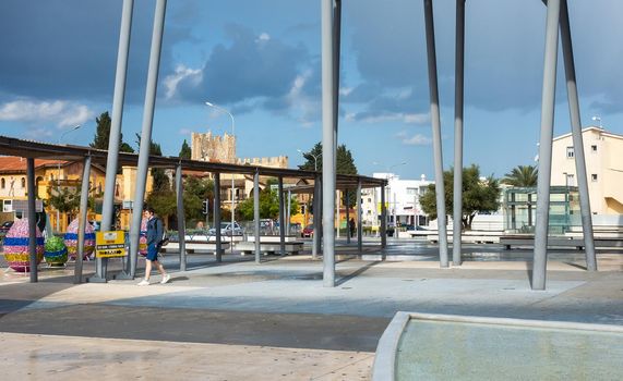 April 21, 2019. Paphos, Cyprus. Square at the entrance to the Kings Avenue Mall in Paphos.