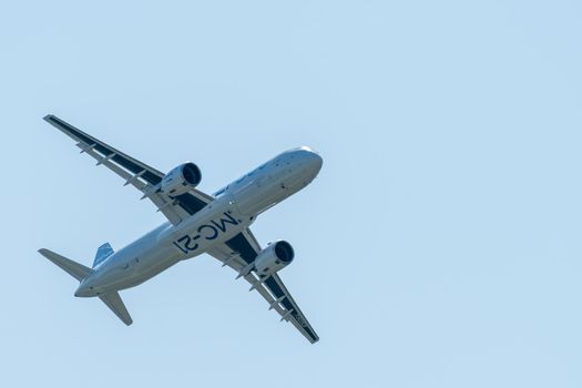 August 30, 2019. Zhukovsky, Russia. Promising Russian medium-range narrow-body passenger aircraft Irkut MC-21 at the International Aviation and Space Salon MAKS 2019.