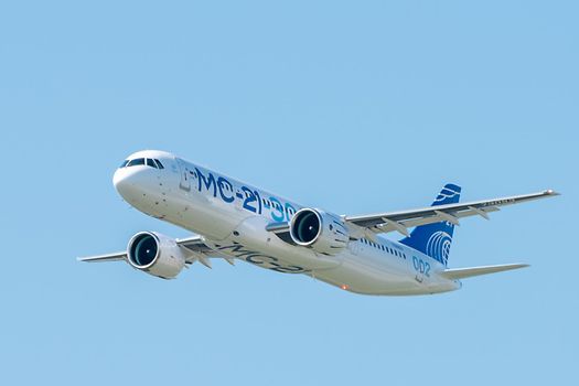 August 30, 2019. Zhukovsky, Russia. Promising Russian medium-range narrow-body passenger aircraft Irkut MC-21 at the International Aviation and Space Salon MAKS 2019.