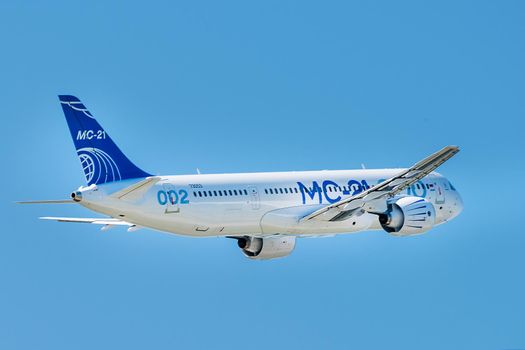 August 30, 2019. Zhukovsky, Russia. Promising Russian medium-range narrow-body passenger aircraft Irkut MC-21 at the International Aviation and Space Salon MAKS 2019.