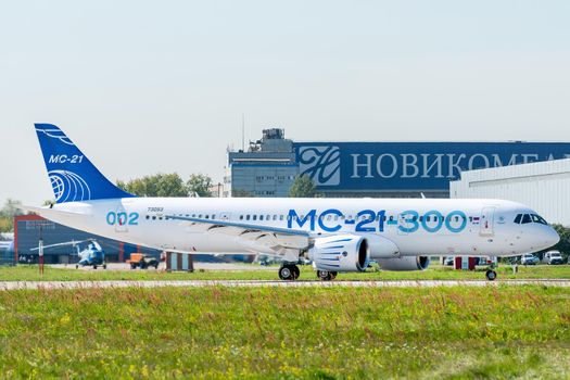 August 30, 2019. Zhukovsky, Russia. Promising Russian medium-range narrow-body passenger aircraft Irkut MC-21 at the International Aviation and Space Salon MAKS 2019.