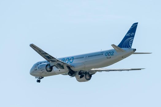 August 30, 2019. Zhukovsky, Russia. Promising Russian medium-range narrow-body passenger aircraft Irkut MC-21 at the International Aviation and Space Salon MAKS 2019.