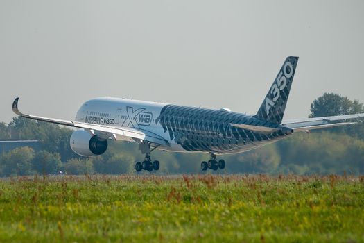 August 30, 2019. Zhukovsky, Russia. long-range wide-body twin-engine passenger aircraft Airbus A350-900 XWB Airbus Industrie at the International Aviation and Space Salon MAKS 2019.