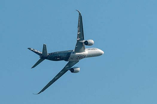 August 30, 2019. Zhukovsky, Russia. long-range wide-body twin-engine passenger aircraft Airbus A350-900 XWB Airbus Industrie at the International Aviation and Space Salon MAKS 2019.
