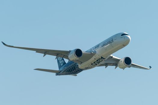 August 30, 2019. Zhukovsky, Russia. long-range wide-body twin-engine passenger aircraft Airbus A350-900 XWB Airbus Industrie at the International Aviation and Space Salon MAKS 2019.