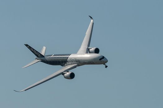 August 30, 2019. Zhukovsky, Russia. long-range wide-body twin-engine passenger aircraft Airbus A350-900 XWB Airbus Industrie at the International Aviation and Space Salon MAKS 2019.