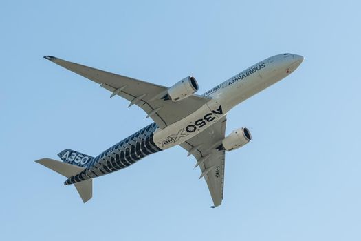 August 30, 2019. Zhukovsky, Russia. long-range wide-body twin-engine passenger aircraft Airbus A350-900 XWB Airbus Industrie at the International Aviation and Space Salon MAKS 2019.