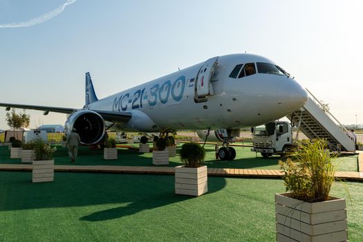 August 30, 2019. Zhukovsky, Russia. Promising Russian medium-range narrow-body passenger aircraft Irkut MC-21 at the International Aviation and Space Salon MAKS 2019.