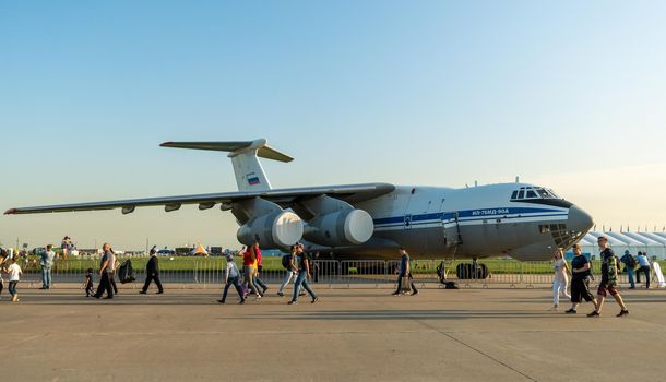 August 30, 2019, Moscow region, Russia. Russian heavy military transport aircraft Ilyushin Il-76 at the International aviation and space salon.