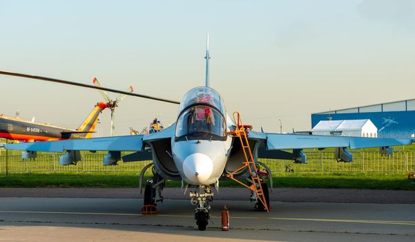 August 30, 2019, Moscow region, Russia. Russian Yakovlev Yak-130 combat training aircraft at the International aviation and space salon.