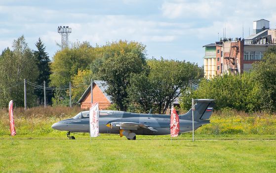 September 12, 2020, Kaluga region, Russia. The Aero L-29 Delfin training aircraft performs a training flight at the Oreshkovo airfield.