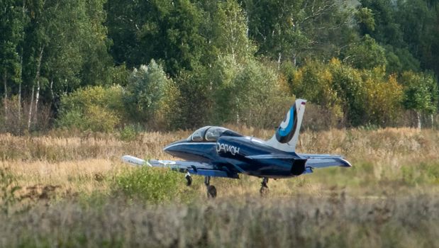September 12, 2020, Kaluga region, Russia. The Aero L-39 Albatros training aircraft performs a training flight at the Oreshkovo airfield.