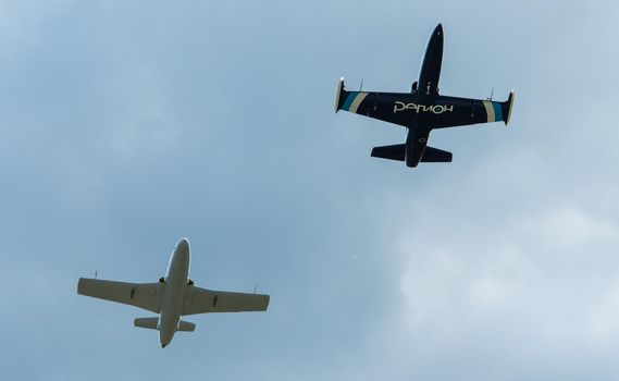 September 12, 2020, Kaluga region, Russia. Training aircraft Aero L-39 Albatros and Aero L-29 Delfin perform a training flight at the Oreshkovo airfield.