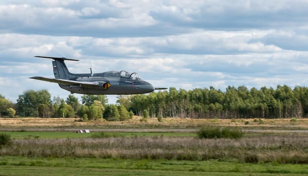 September 12, 2020, Kaluga region, Russia. The Aero L-29 Delfin training aircraft performs a training flight at the Oreshkovo airfield.