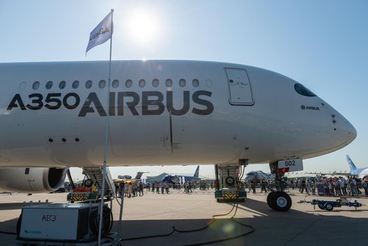 August 30, 2019. Zhukovsky, Russia. long-range wide-body twin-engine passenger aircraft Airbus A350-900 XWB Airbus Industrie at the International Aviation and Space Salon MAKS 2019.