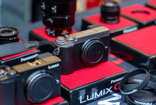 August 18, 2018 Moscow, Russia. Electronic camera Panasonic Lumix on the counter of the store.