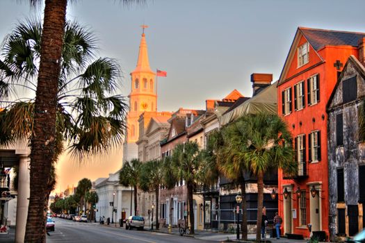 A setting sun makes a church glow in Charleston, South Carolina