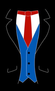 A suit with a red tie and blue iner jacket.