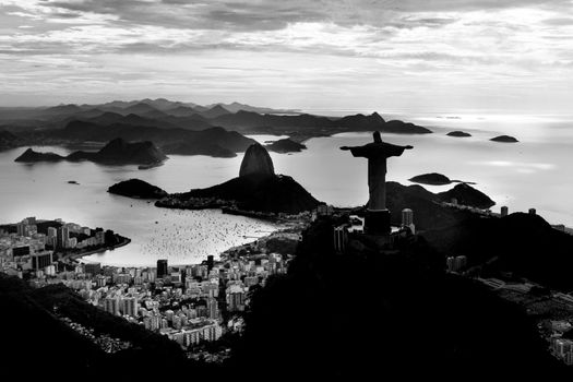 Black and white Rio de Janeiro photo. Silhouette of Christ statue