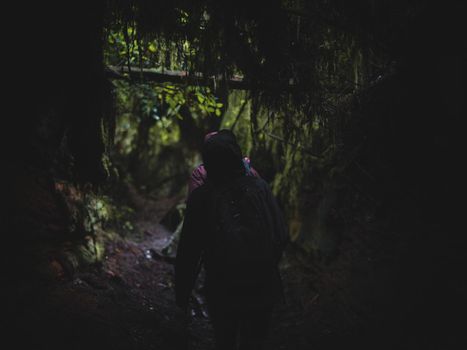Friends exploring a cave in the forest.