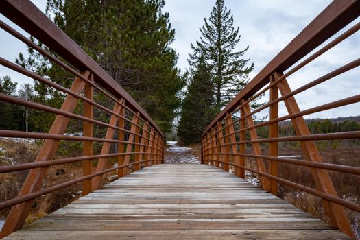 A view from the center of a wooden footbridge over a small stream. Rusty weathering steel forms railings stretching across either side. Light snow, evergreen trees and a forest are on the far side.