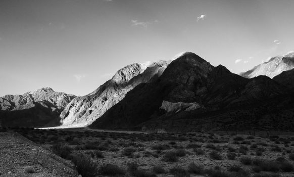 Dramatic black and white shot of the mountains in Uspallata, Mendoza, Argentina.