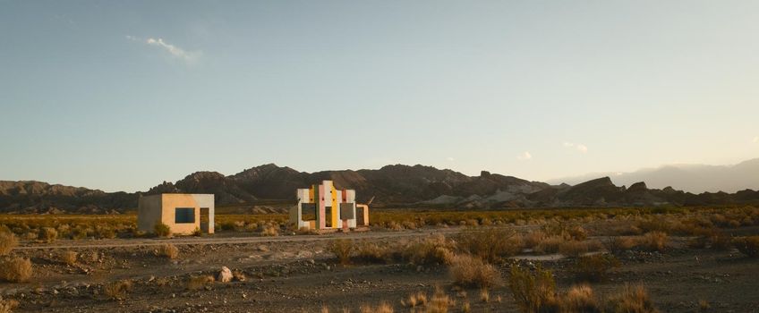Derelict house in the middle of the desert near Uspallata, Mendoza, Argentina. Wide panoramic shot.