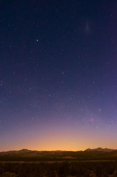 Starry twilight sky over the desert near Uspallata, Mendoza, Argentina.