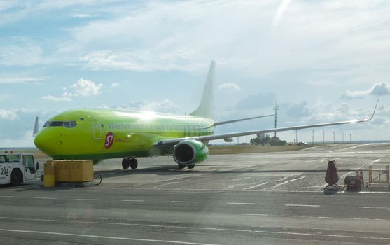 SIMFEROPOL, RUSSIA, JULY 28, 2017 Boeing 737-8 S7 airlines at the International Airport of Simferopol.
