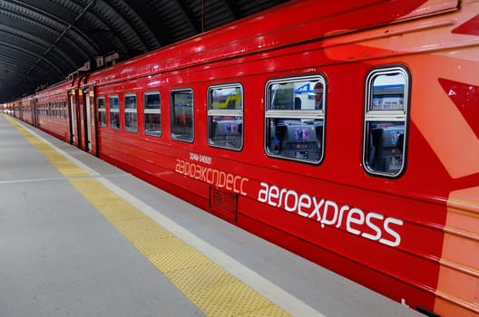 DOMODEDOVO, RUSSIA, JULY 28, 2017 Electric train ED4M of Aeroexpress company on the platform of Domodedovo station