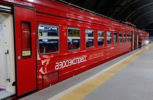 DOMODEDOVO, RUSSIA, JULY 28, 2017 Electric train ED4M of Aeroexpress company on the platform of Domodedovo station