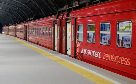 DOMODEDOVO, RUSSIA, JULY 28, 2017 Electric train ED4M of Aeroexpress company on the platform of Domodedovo station