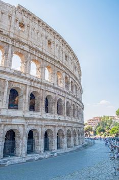 View of Colosseum in Rome and morning sun, Italy, Europe. 
