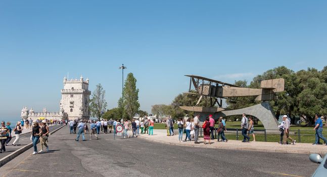 Lisbon, Portugal - May 7, 2018: Tourists walking next to Fairey III-D aircraft, Replica of the first aircraft that made the first crossing of the South Atlantic by Gago Coutinho and Sacadura Cabral