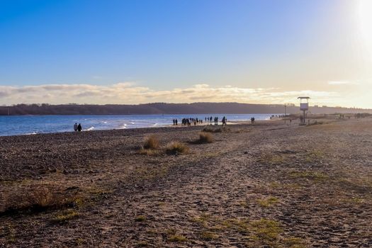 Silhouettes of people talking a walk on a sunny baltic sea beach in Germany