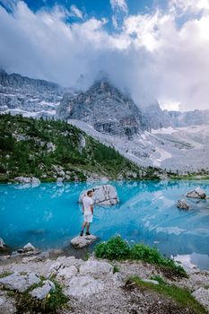 Blue green lake in the Italian Dolomites,Beautiful Lake Sorapis Lago di Sorapis in Dolomites, popular travel destination in Italy. Europe