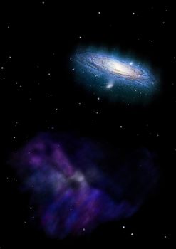 Stars and spiral galaxy in a free space. Elements of this image furnished by NASA . 3D rendering.