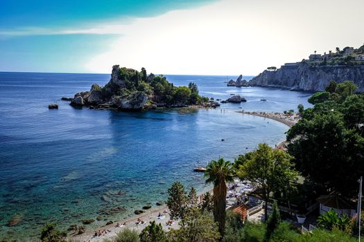 Isola Bella at Taormina, Sicily, Aerial view of the island and Isola Bella beach and blue ocean water in Taormina, Sicily, Italy Europe