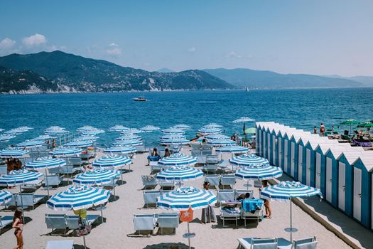 Santa Margherita Ligure Italy June 2020, colorful beach in Santa Margeritha which is popular touristic destination in summer Europe